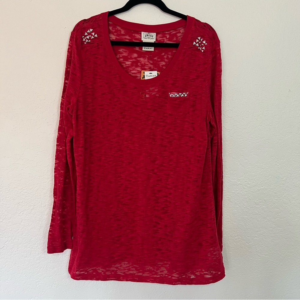 NWT Ariat Embellished Red Round‎ Neck Burnout Long Sleeve Shirt Women’s Size XXL